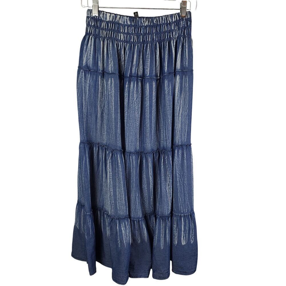 Indigo & Lace Chambray Blue Tiered Maxi Skirt Size S Cottagecore Coastal Grandma